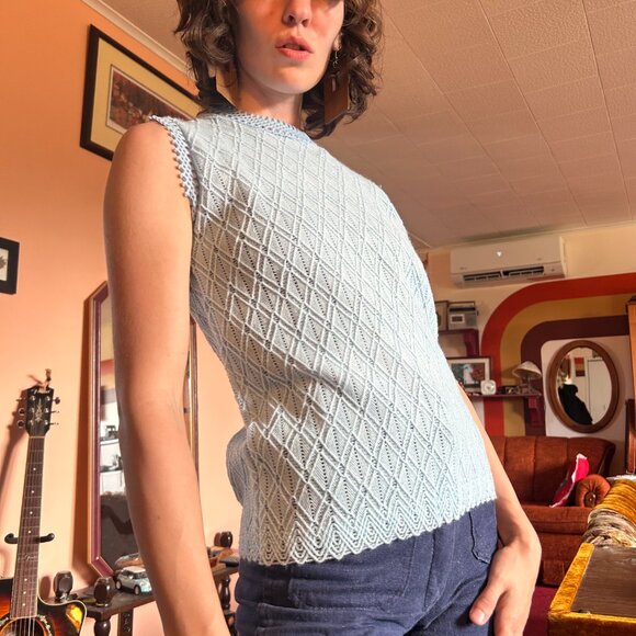 1960s MOD vintage baby blue textured mockneck sleeveless blouse tunic - Made in - Picture 2 of 15